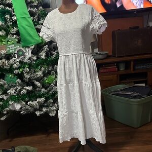 SHEIN White Midi Dress with Lace Sleeves